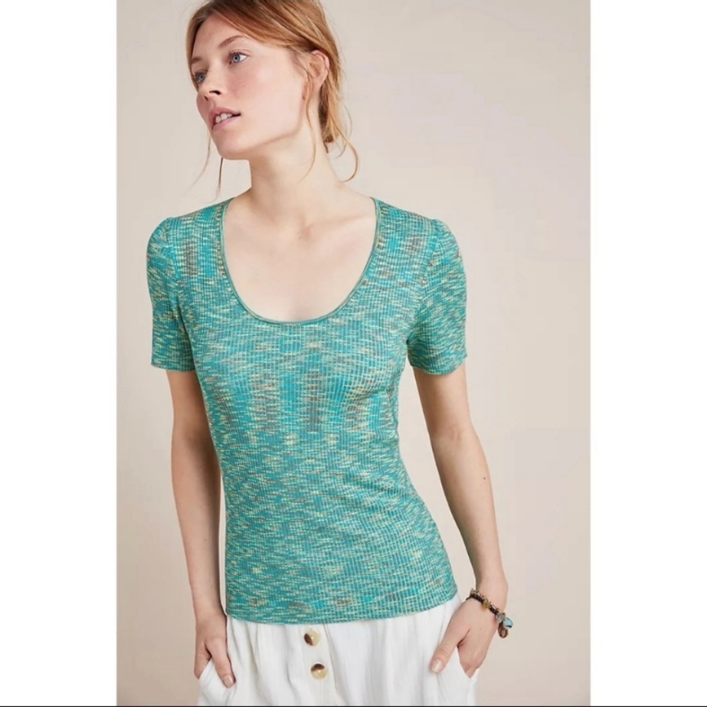 Anthropologie Zuzu Space-Dyed Green Sweater Tee - Picture 2 of 9